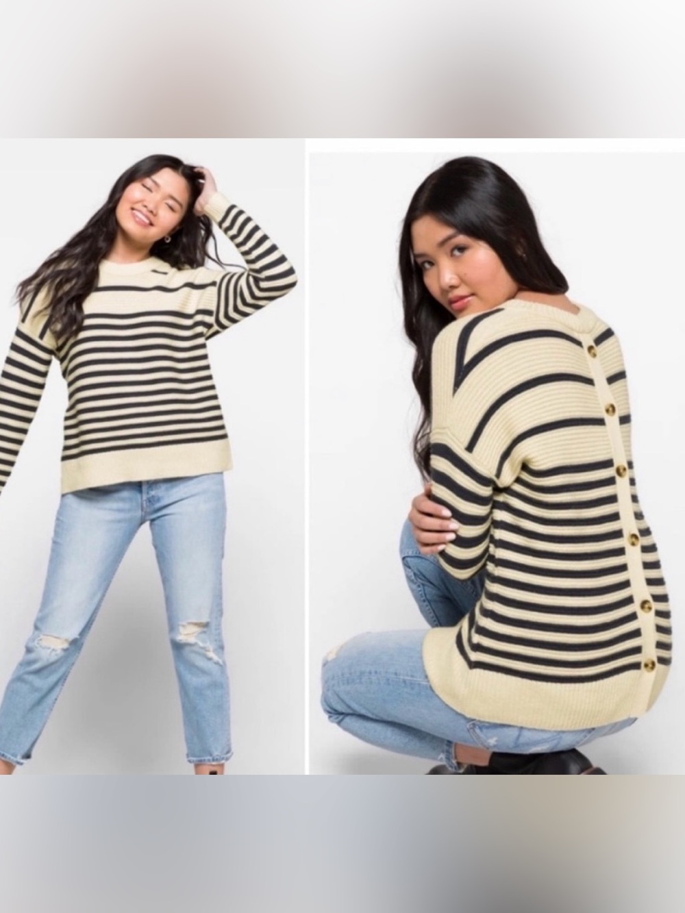 Madewell Greensboro Button-Back Sweater Cream & Blue M